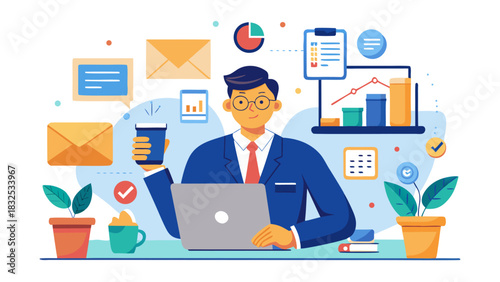 Professional businessman analyzing financial data on laptop with growth charts and office plants in bright workspace