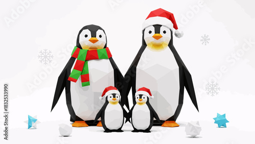 Delightful low-poly penguin family celebrates the holidays, perfect for festive greeting cards and winter promotions, spreading joy and cheerful spirit