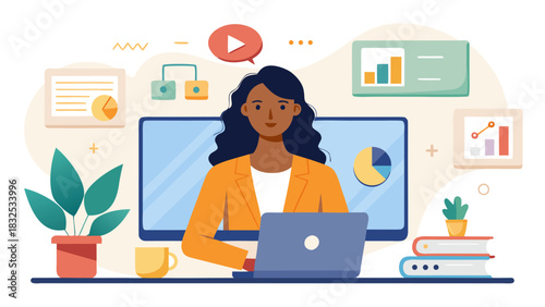 woman working on laptop with data analysis and graphs around her