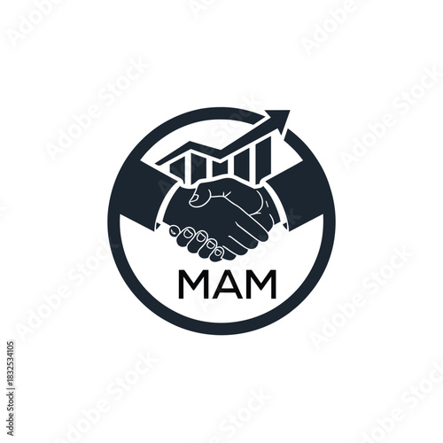 MAM Business Partnership Handshake. MAM Logo with Growth Chart  Corporate Success and Financial. MAM Collaboration Icon.
