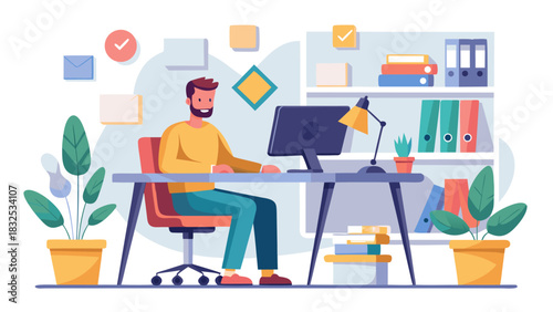 Young professional man working on laptop at home office with plants and city view, bright daylight workspace