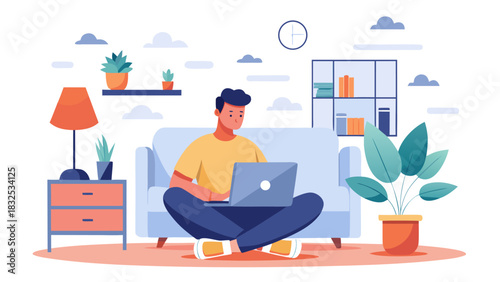 Man working from home on laptop in cozy living room with plants and ambient lighting