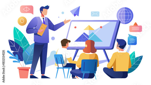 Business mentor explaining global strategy to diverse team in modern office with creative brainstorming elements