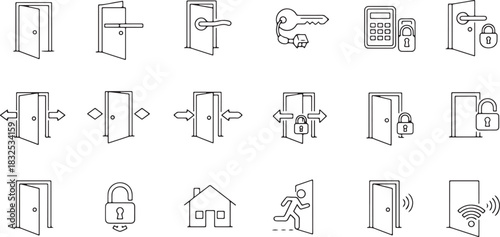 Icon set illustrating different types of doors, locks, keys, and security concepts with a clean line art style