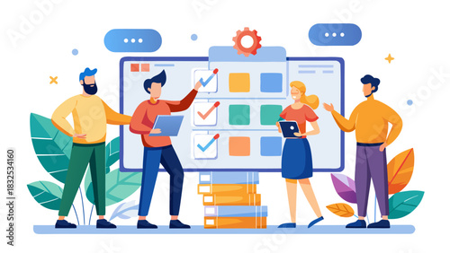 Diverse team collaborating on digital marketing strategy with data analytics and charts on large screen