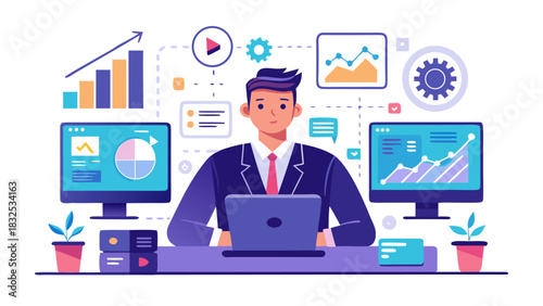 Professional businessman analyzing financial data on dual monitors with digital business icons and growth charts