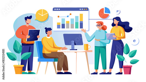 business team analyzing data on computer screen in office