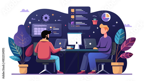 Two professionals collaborating on AI technology and data analysis in modern office with futuristic UI elements