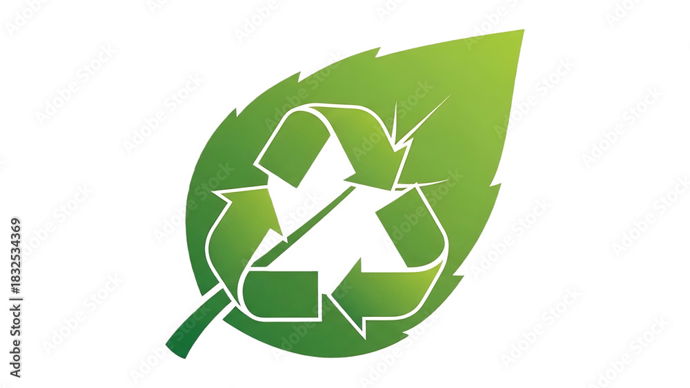 Obraz premium A green leaf with a white recycling symbol on a black background symbolizing environmental awareness