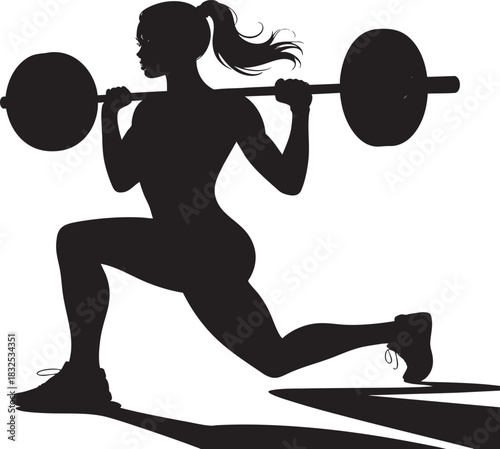 A black silhouette of a fit woman performing a barbell lunge, showcasing strength and dedication to fitness.