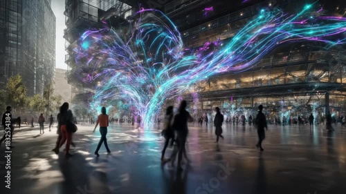 Futuristic cityscape with people amidst glowing energy streams. Modern buildings form a backdrop - Footage