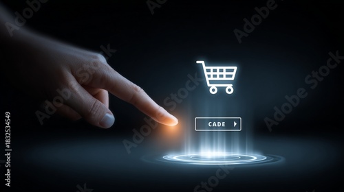 A hand touching a shopping cart icon with a glowing button in a dark, techy background