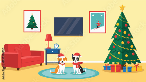 A charming vector illustration of two adorable dogs in Santa hats celebrating the winter holidays in a cozy, festive living room with a decorated Christmas tree