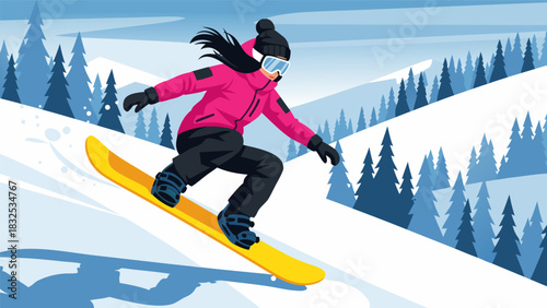 A young woman in a vibrant pink jacket snowboarding down a snowy mountain slope with evergreen trees, a dynamic winter sports vector illustration