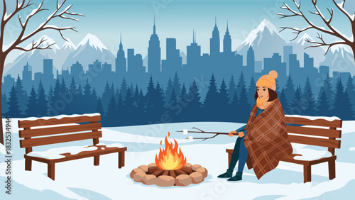 Winter Serenity Woman by Campfire with City Skyline Backdrop Vector