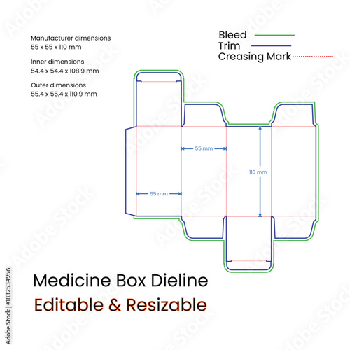 Medicine Box Dieline Template With Dimensions And Cutting Marks box template packaging design.