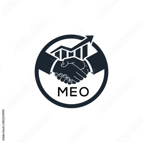 MEO Business Partnership Handshake. MEO Logo with Growth Chart  Corporate Success and Financial. MEO Collaboration Icon.
