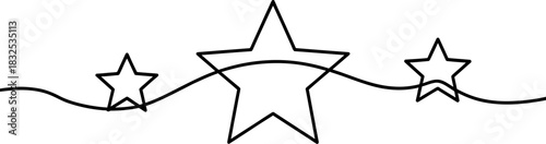 Continuous line art of three stars, one large in the center and two smaller, connected by an elegant flowing single stroke on a clean white background Vector, illustration