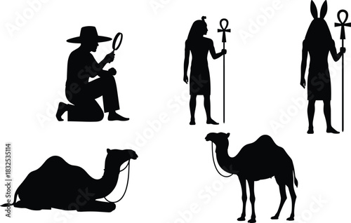 Archaeologist and ancient Egypt silhouettes with camels, desert expedition figures and mythological icons in bold black illustration for history and culture themes