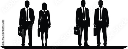 Business professionals standing with briefcases in formal corporate attire, teamwork concept silhouette illustration representing office workers and leadership unity