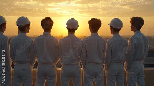Seven individuals in white attire and helmets stand, facing a bright sunset over a city skyline