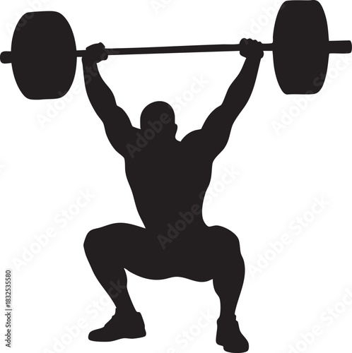 A powerful silhouette of a man in a deep squat, holding a barbell overhead. This image conveys strength and athletic achievement.