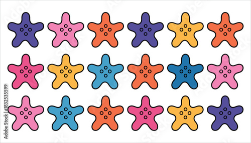 A repeating pattern of colorful cartoon starfish with black outlines and circular details sea star marine life
