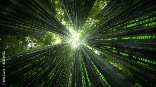 A perspective of tall trees, digitally altered to show a binary code pattern