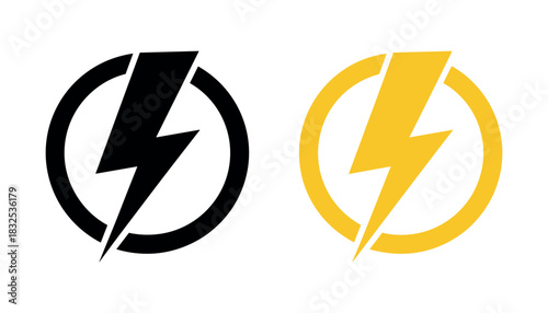 Black and yellow lightning bolt symbols inside circles icon electricity