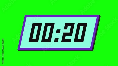 25 second neon digital countdown timer on a tilted rectangular display with a green background