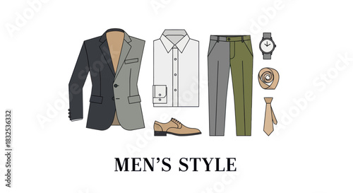 Comprehensive men's fashion ensemble showcasing formal and casual clothing with accessories for