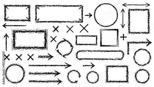 Hand drawn black grunge charcoal texture frames set with arrows and rough geometric shapes for design elements