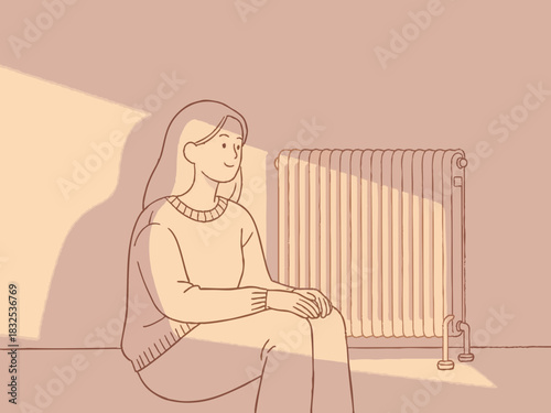 A simple illustration of a woman warming herself with a panel heater. Winter heating.