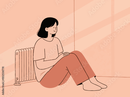A simple illustration of a woman warming herself with a panel heater. Winter heating.