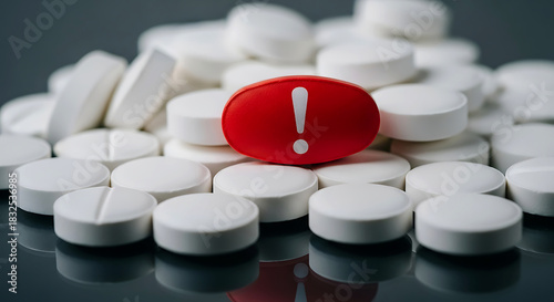 Red pill with exclamation mark on pile of white pills, medication error