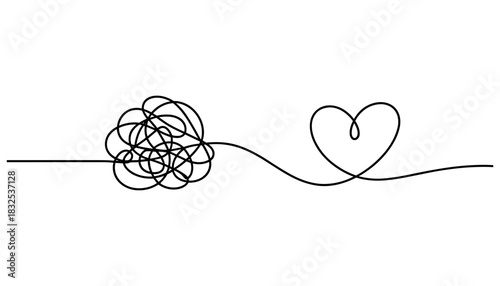 Black line drawing of a tangled knot transforming into a heart shape black and white line art