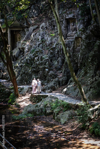 couple on a path in temple