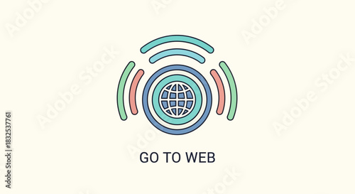 Modern flat icon design of a globe with signal waves. A linear logo concept for 'go to web', symbolizing internet connectivity, and global network access