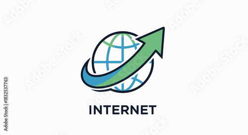 Minimalist website logo featuring a green arrow circling a blue grid globe, illustrating global connection and internet technology. Flat design vector graphic