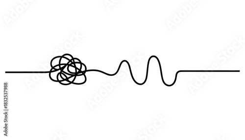 Black tangled line transforming into a wavy line on white background messy line knot