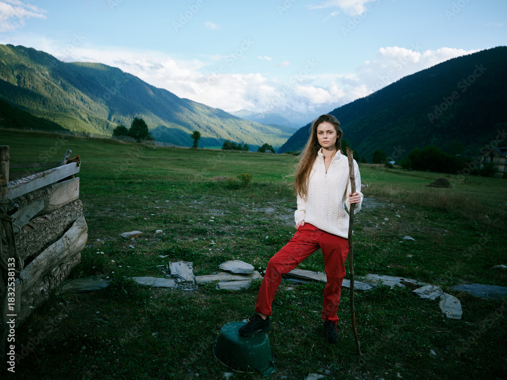 Naklejka premium Young hiker stands with a walking stick in a green valley, framed by rolling mountains, blue sky, and open countryside, evoking serene outdoor adventure and exploration