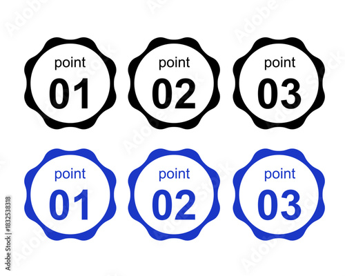 「ポイント 01, 02, 03」文字入り！波型枠の丸型連番アイコンセット  重要事項・手順表示に使える黒と青のスカラップアイコン 資料作成　あしらい