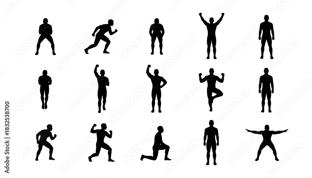 Fototapeta premium Collection of black silhouette figures in various poses against a white background in a flat vector style