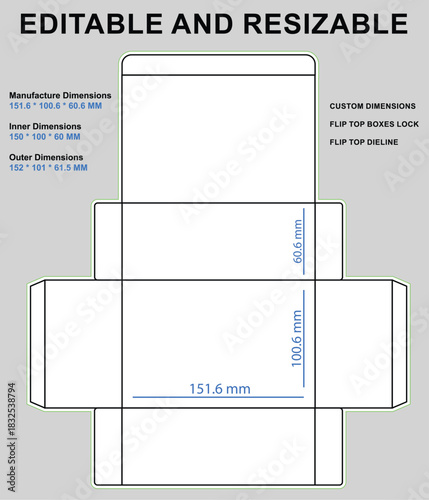 Flat lay diagram of a flip top box dieline with manufacture and inner outer dimensions indicated in millimeters