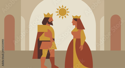 Queen of Sheba Visits Solomon
Solomon and the Queen in elegant geometric silhouettes greeting each other, warm gold + clay tones, minimal palace. bible story