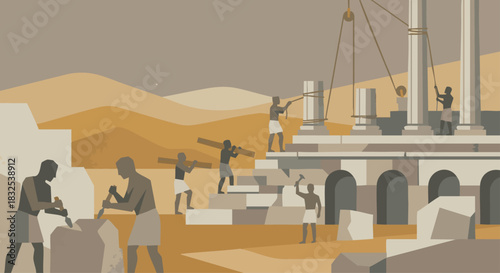 Building the Temple

Workers shaping stones and beams in geometric silhouettes, stylized temple foundation, muted stone palette. bible story