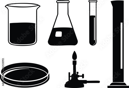 Minimal flat vector art of black chemistry lab equipment icons with beaker flask test tube cylinder petri dish and bunsen burner on white background