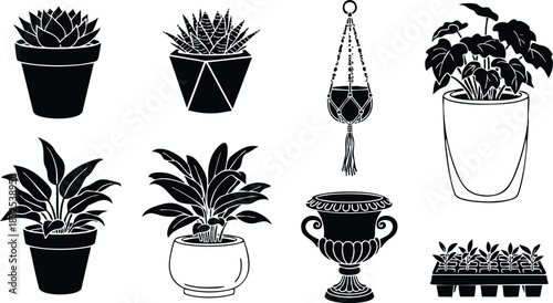 Monochrome flat design houseplants set with succulents leafy foliage macrame hanging pot classical urn and seedling tray arranged in grid layout minimalist vector art