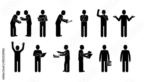 Illustration of diverse stick figures in various poses and actions on a white background plain and simple silhouette