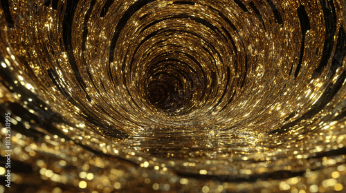 Fototapeta Naklejka Na Ścianę i Meble -  Gold circular waves forming a dynamic tunnel motion loop, symbolizing energy, futuristic design, digital visuals, motion graphics, and mesmerizing abstract patterns for video backgrounds and visual di
